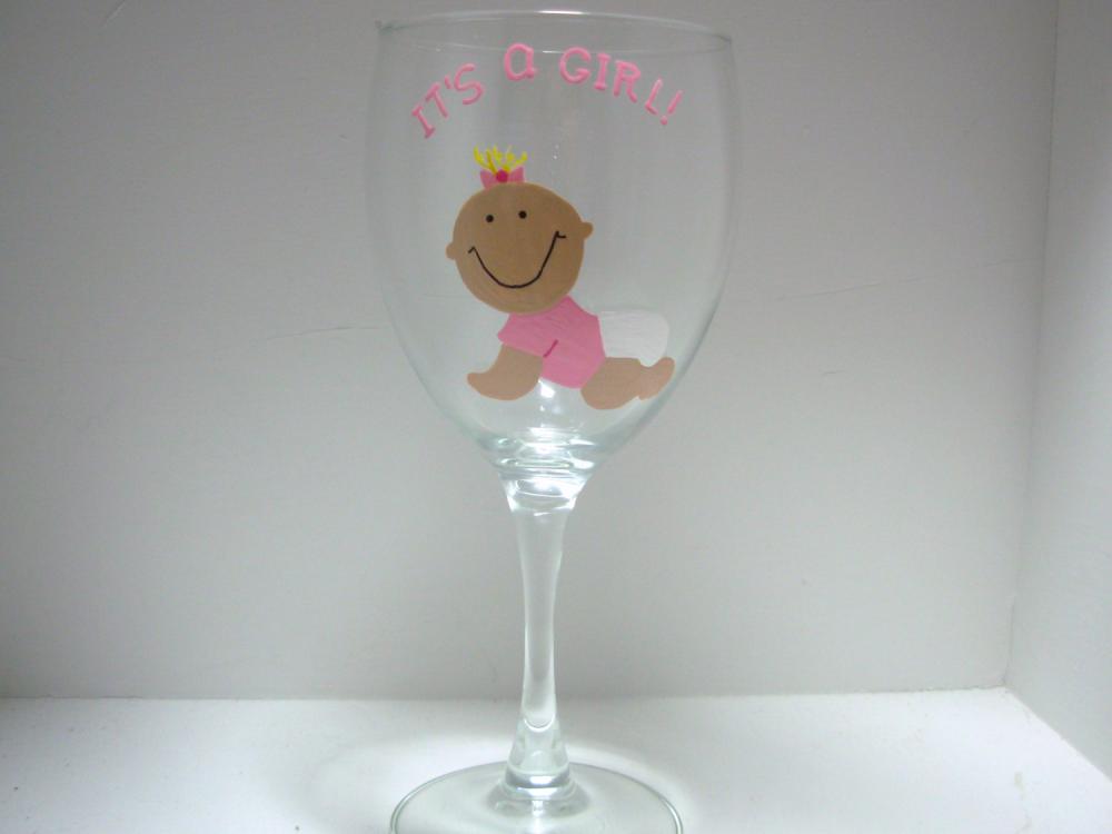 Baby Girl Wine Glass, Personalized Handpainted It's A Girl