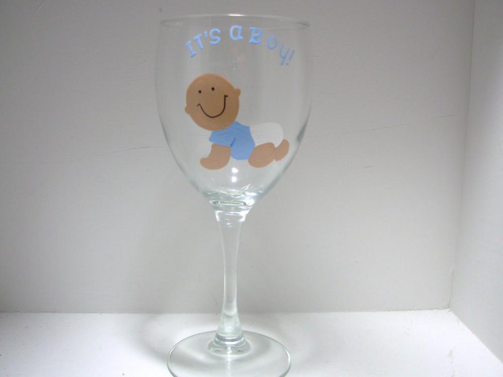 Handpainted It's A Boy Baby Wine Glass, Personalized