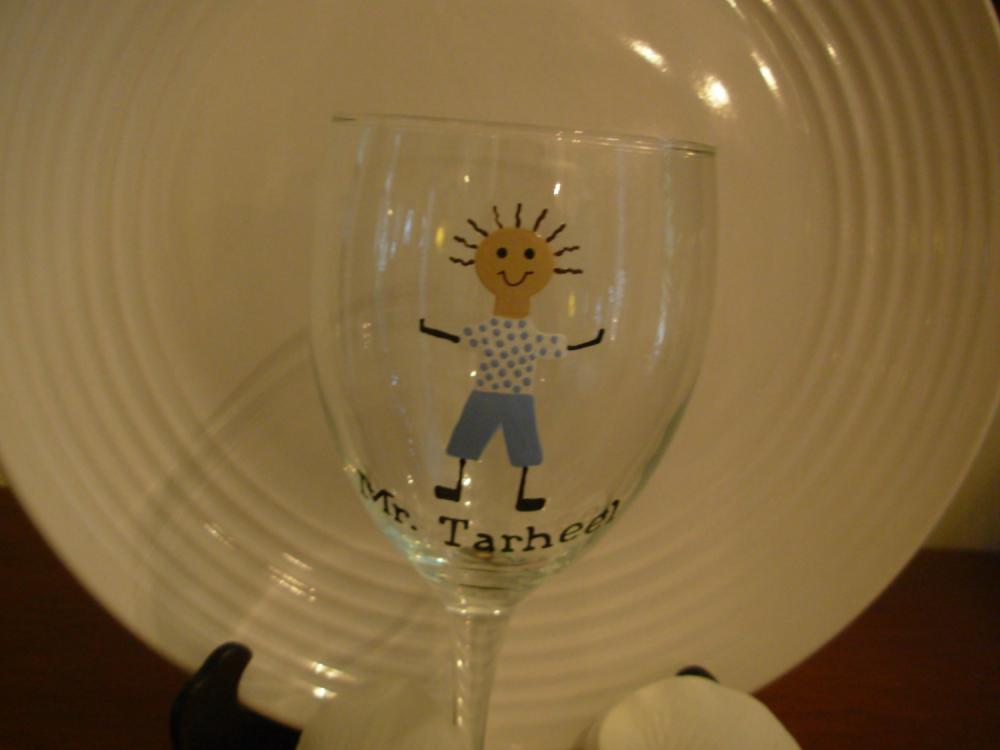 Mr. Tarheel Wine Glass Handpainted University Of North Carolina