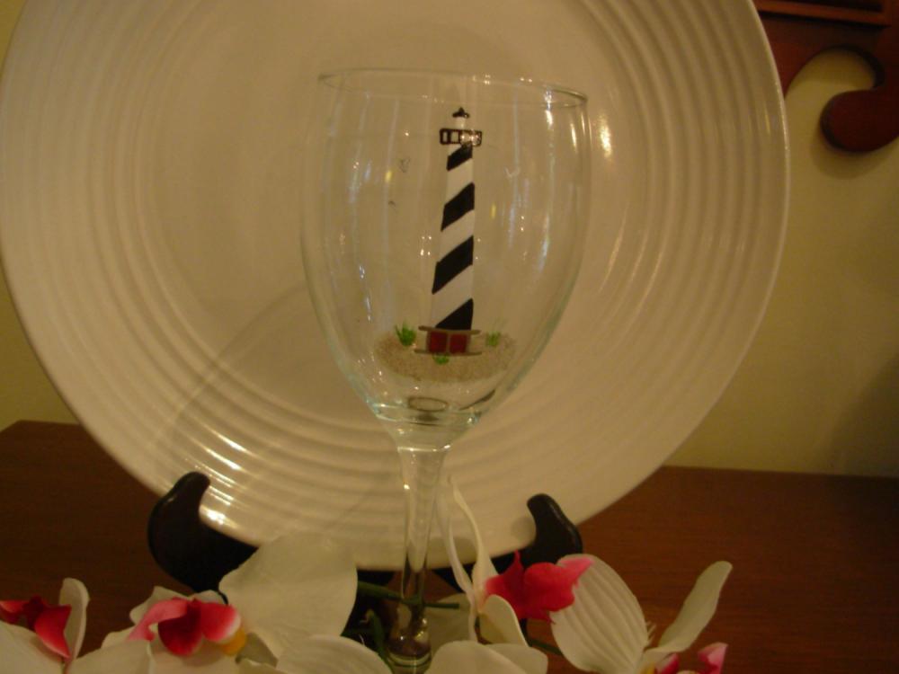 Cape Hatteras Lighthouse Wine Glass Handpainted Personalized