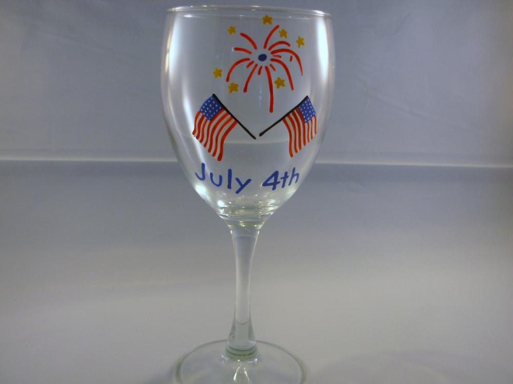 Handpainted Wine Glass 4th Of July Flag And Fireworks