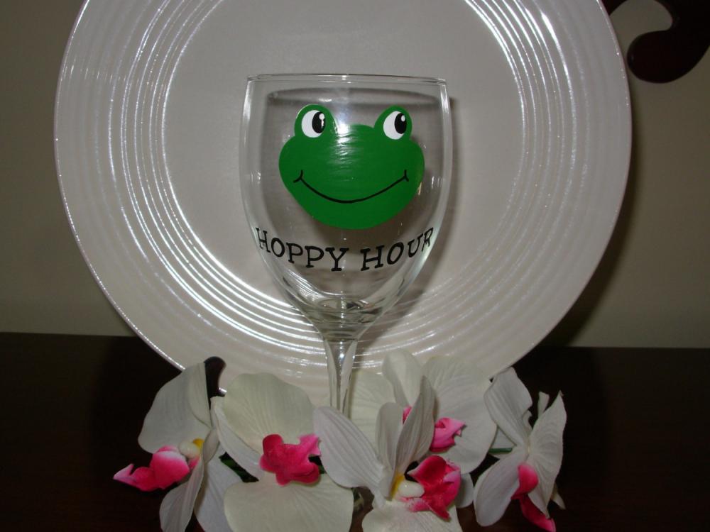 Frog Wine Glass Handpainted Hoppy Hour
