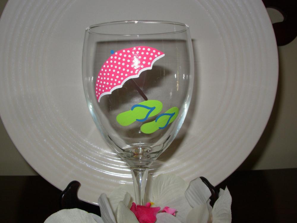 Beach Umbrella And Flip Flop Wine Glass Handpainted Personalized