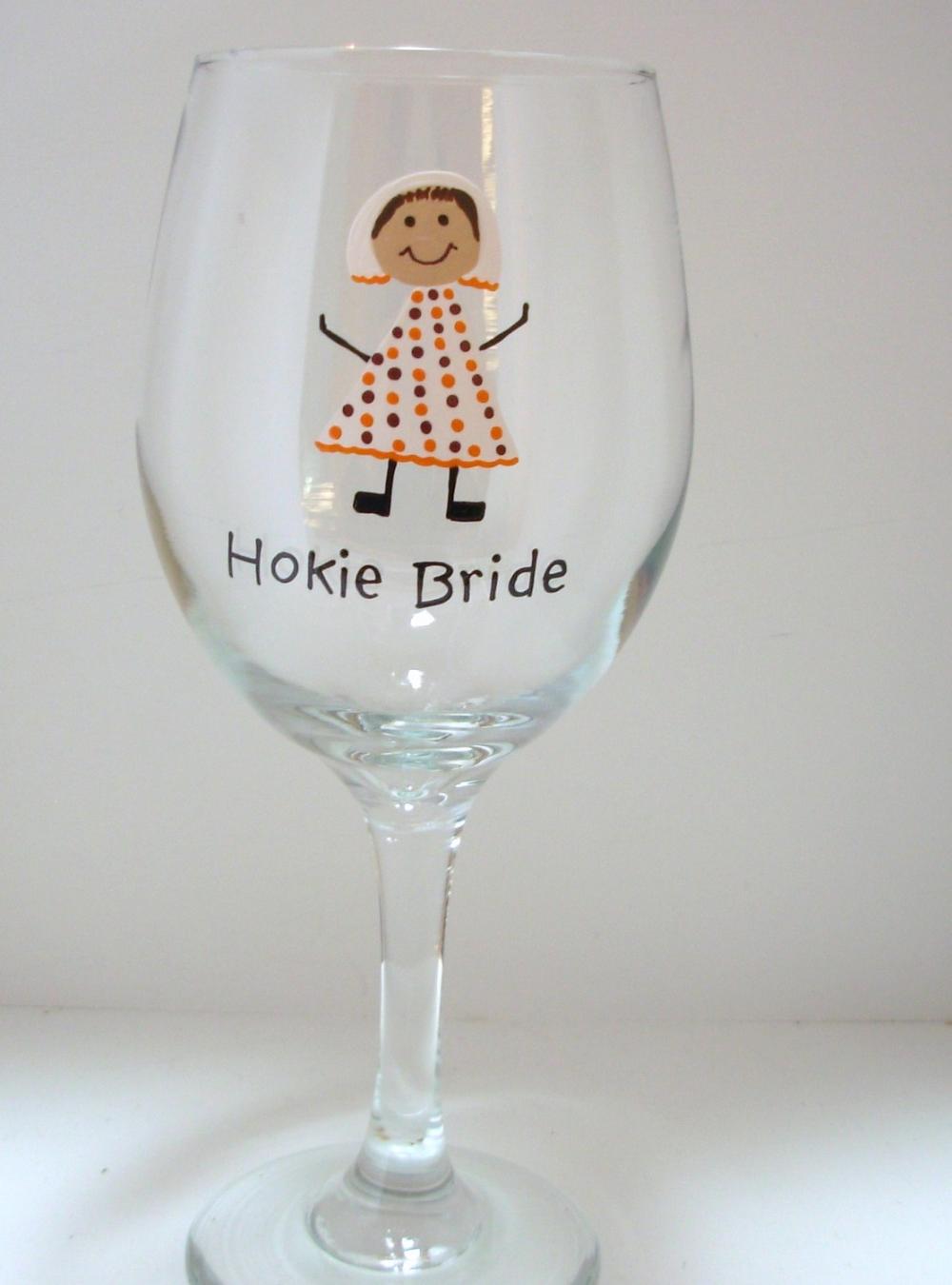 Hokie Bride Wine Glass Handpainted Personalized Over Sized