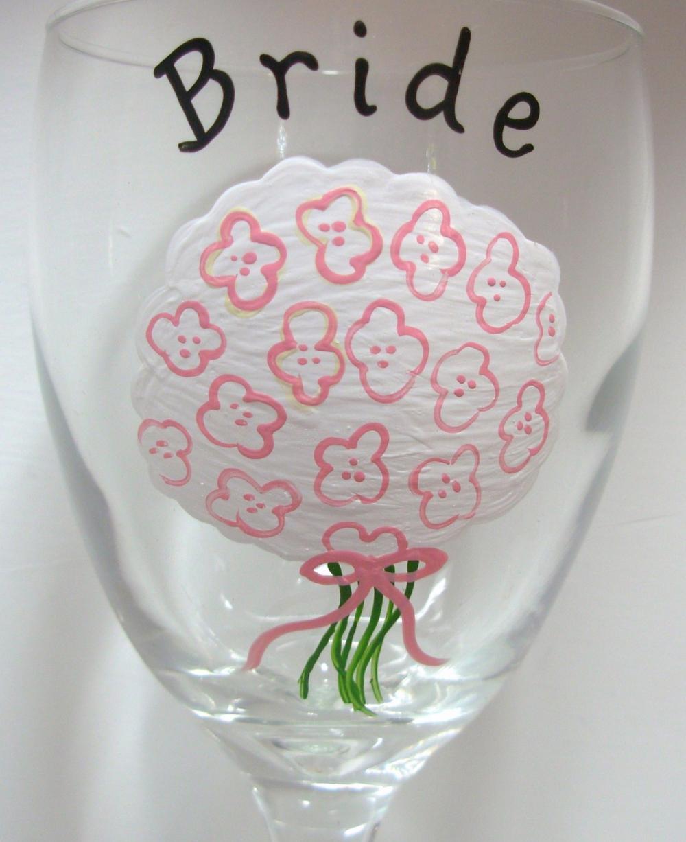 Bridal Bouquet Wine Glass Handpainted For Wedding Party